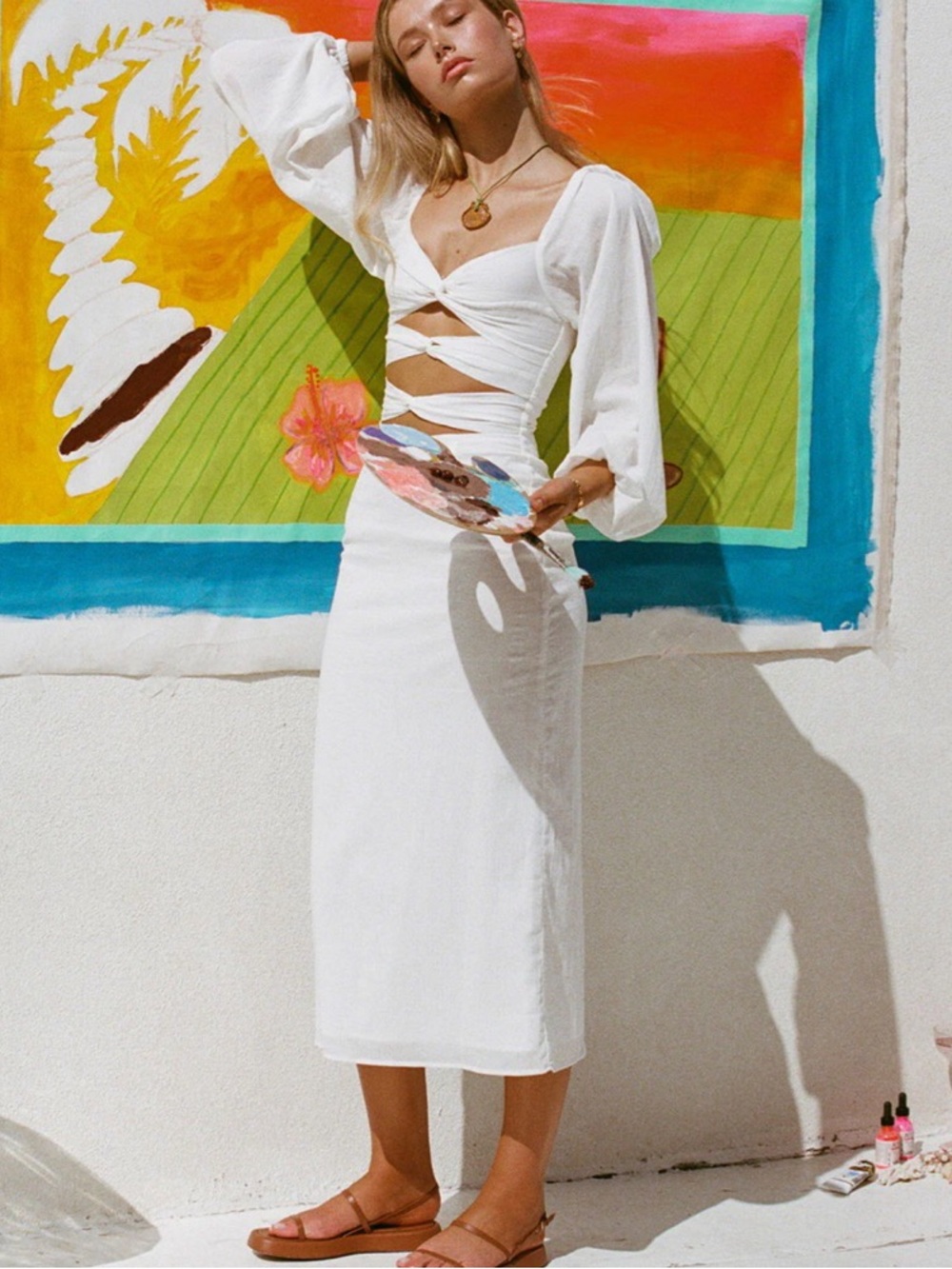 SABO Skirt white Cutout Midi Dress with Long Puff Sleeves